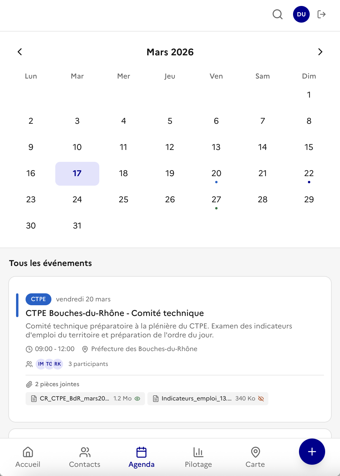 Agenda avec calendrier et événements CTPE