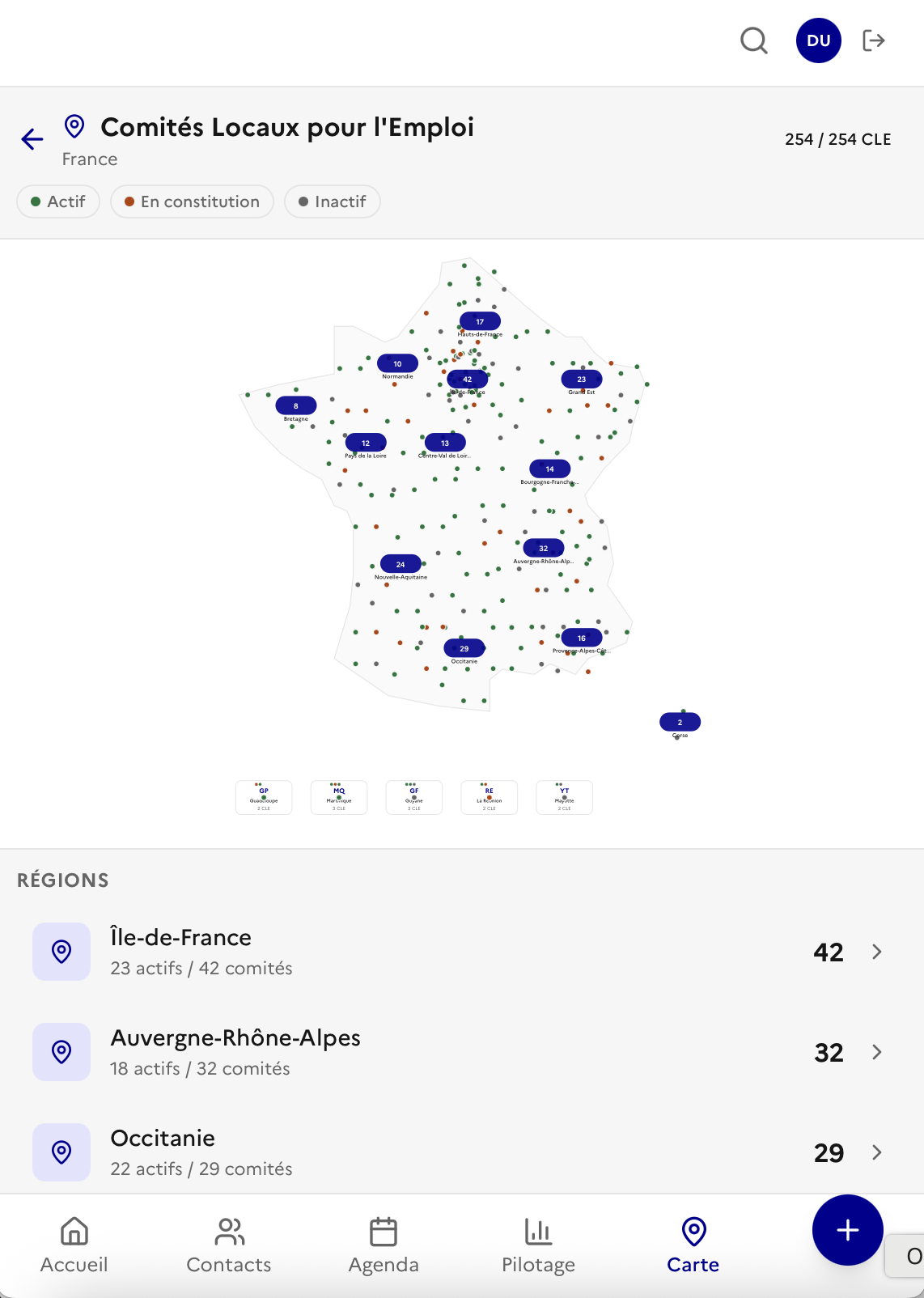 Carte des 254 CLE avec répartition régionale