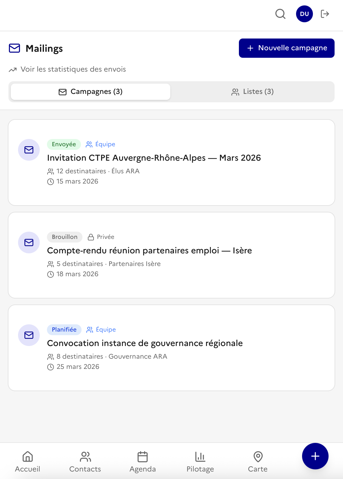 Interface mailings avec campagnes et listes